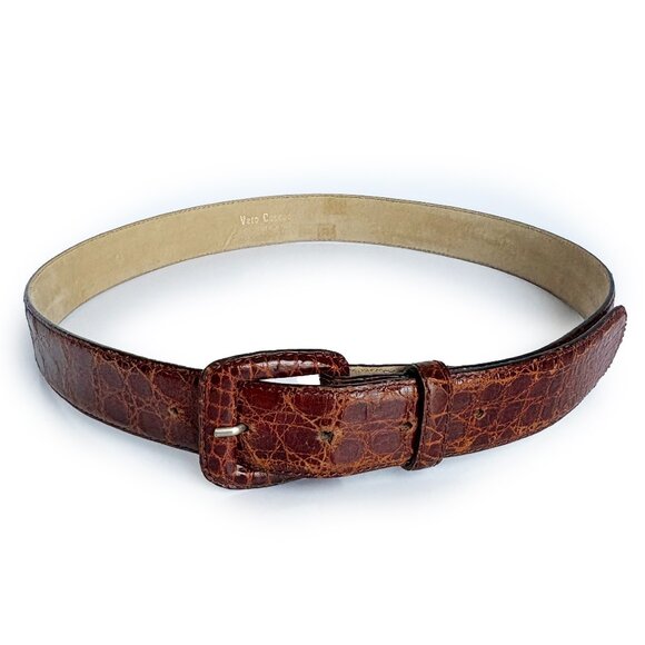 Vera Coccodrillo Croc Belt Wide Made in Italy Vintage Cognac Brown - Picture 1 of 5